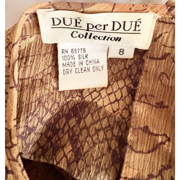 Due Per Due Silk 2 Piece Set Leaf Print Blouse Skirt Brown Beige Size 8 - Picture 4 of 8